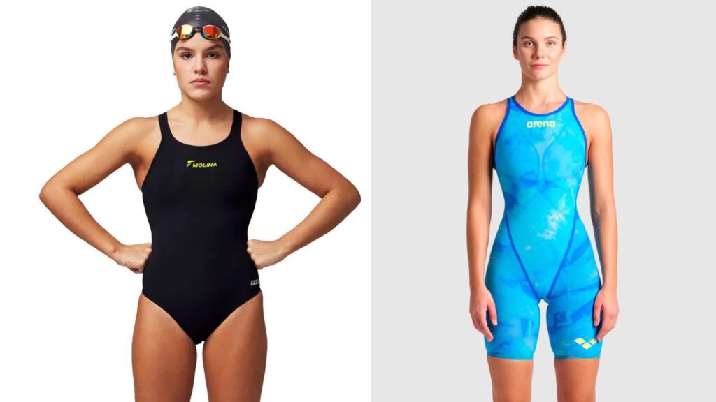 Comparação lado a lado de dois maiôs de natação: um modelo preto e simples para treino diário e um modelo azul, tecnológico e com design hidrodinâmico, para competições.