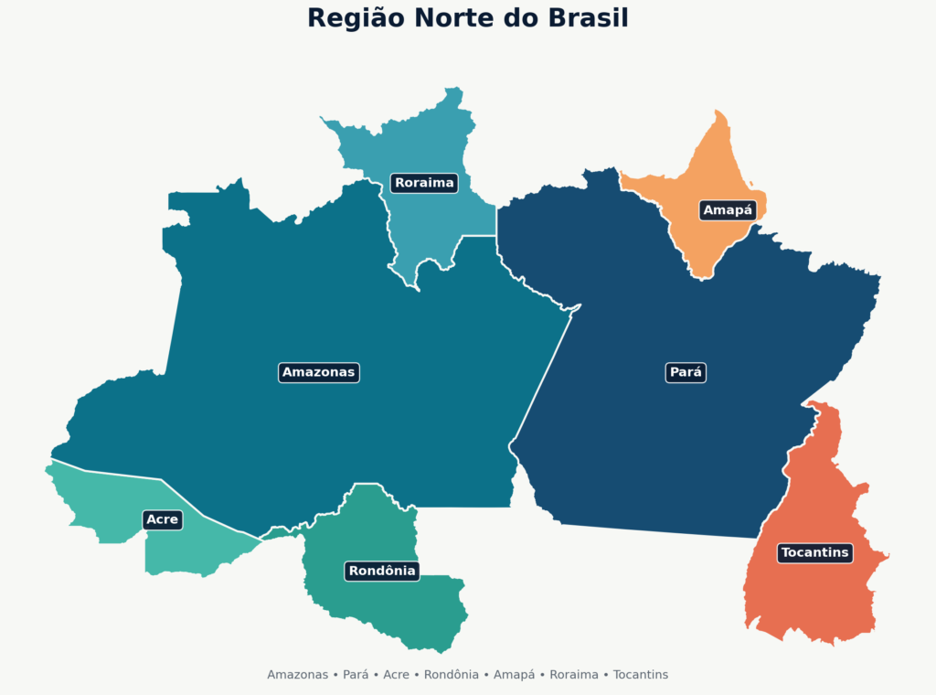 Mapa da Região Norte com Amazonas, Pará, Acre, Rondônia, Amapá, Roraima e Tocantins