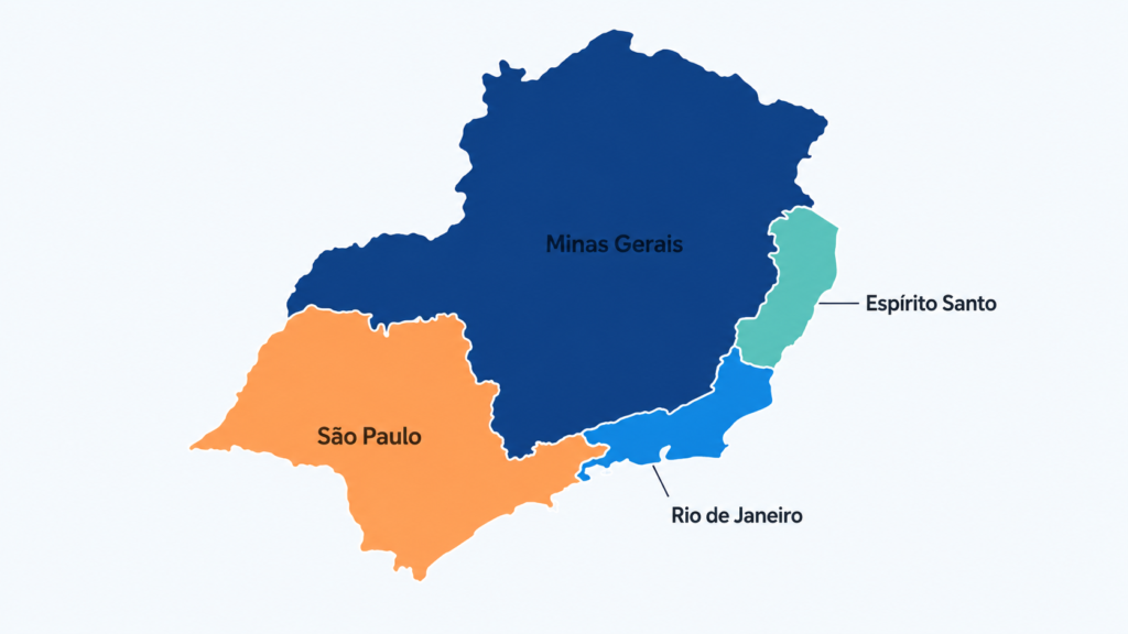 Mapa do Sudeste com São Paulo, Rio de Janeiro, Minas Gerais e Espírito Santo