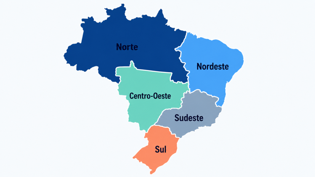 Mapa do Brasil dividido em Sudeste, Sul, Nordeste, Norte e Centro-Oeste